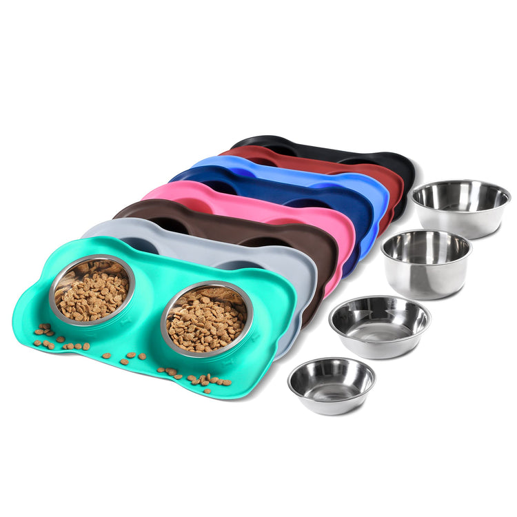 Hubulk Pet Dog Bowls 2 Stainless Steel Dog Bowl with No Spill Non-Skid Silicone Mat + Pet Food Scoop Water and Food Feeder Bowls for Feeding Small Medium Large Dogs Cats Puppies (Small, Blue)