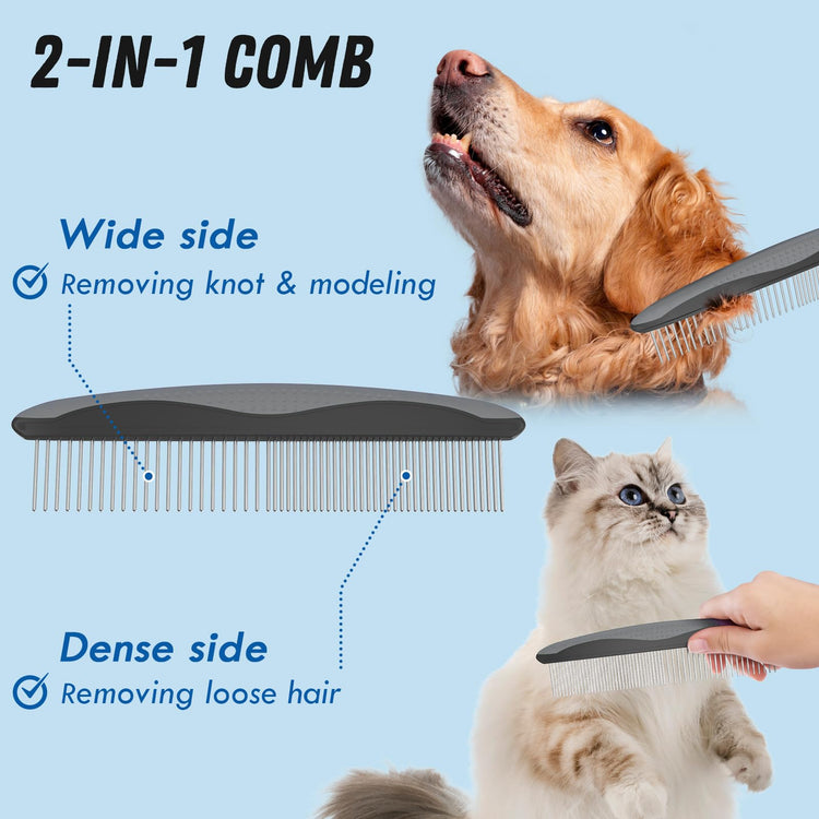 Docrok Pet Grooming Combo - Blue Deshedding Brush with Metal Comb for Detangling and Dematting Long, Matted Fur on Cats and Dogs