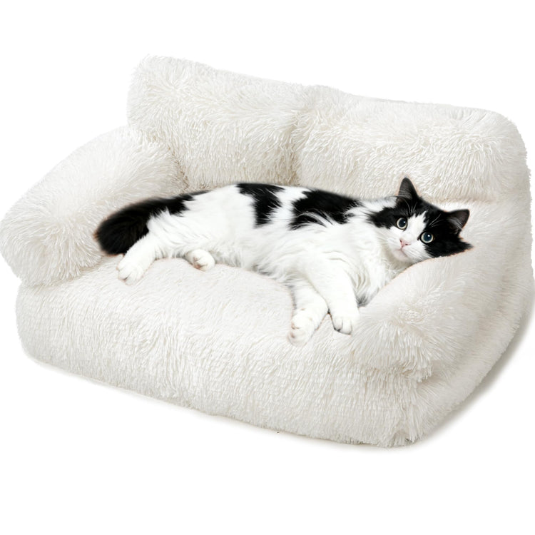 Large Cat Beds for Indoor Cats, Dog Couch Bed, Cute Cat Couch Sofas for Less 20lbs Kitten Puppy, Small Dog Sofas & Chairs with Removable Washable Cover, Soft Warm Pet Furniture, Cream