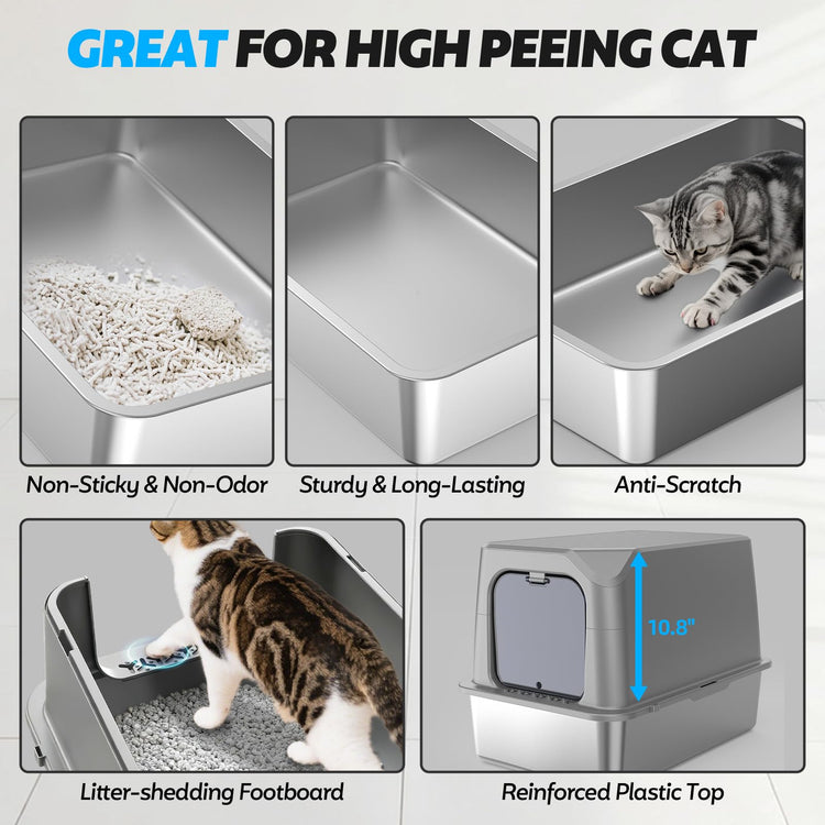 WoofiGo Enclosed Stainless Steel Cat Litter Box with Lid, XL Extra Large Litter Box for Big Cats, Metal Litter Pan High Sided, Never Absorbs Odors, Anti-Urine Leakage, Easy Cleaning, Include Scoop