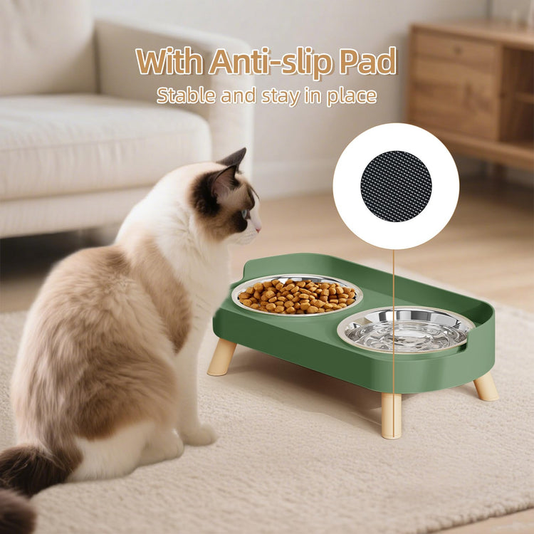 Elevated Cat Bowl, Raised Cat Food and Water Bowl Set for Indoor Cats, Splash Proof with 2 Stainless Steel Pet Food Bowls for Cats and Puppies, Whisker Fatigue and Dishwasher Safe - White