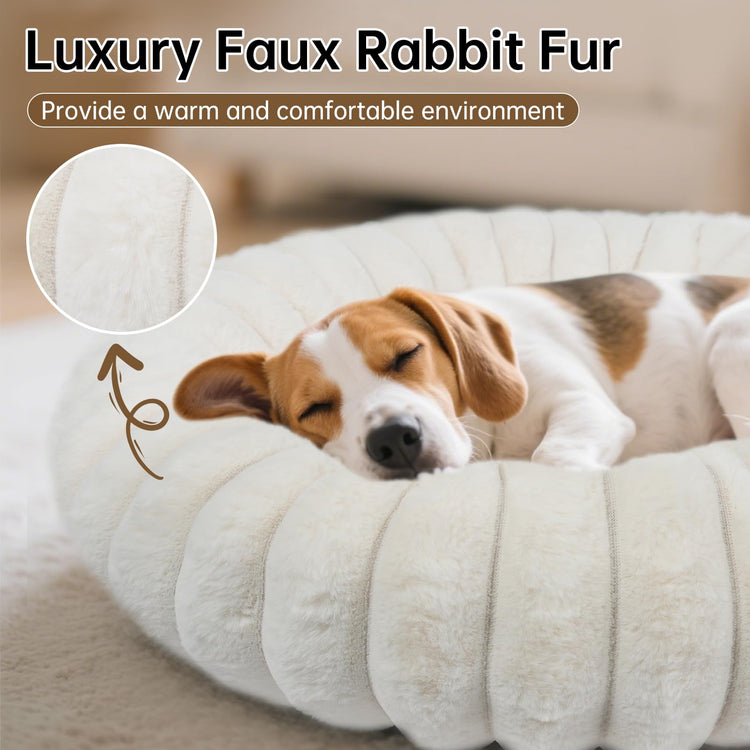 Donut Dog and Cat Bed, Luxurious Comfortable Faux Rabbit Fur Pet Beds, Round Anti-Anxiety Calming Puppy Kitten Bed with Anti-Slip Bottom for Small Medium Dogs & Cats(28", White)