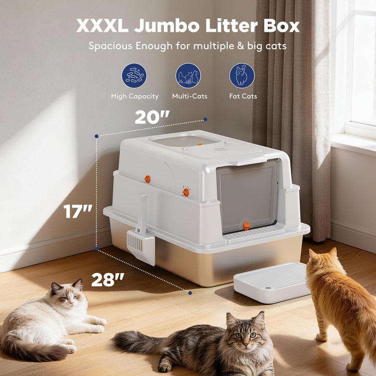 FURTIME Stainless Steel Litter Box with Lid, Large Enclosed Cat Litter Box for Big Cats, Metal Cat Box with High Sided Enclosure & Scoop, Front & Top Entry, Odor Free, Anti-Leakage, Grey