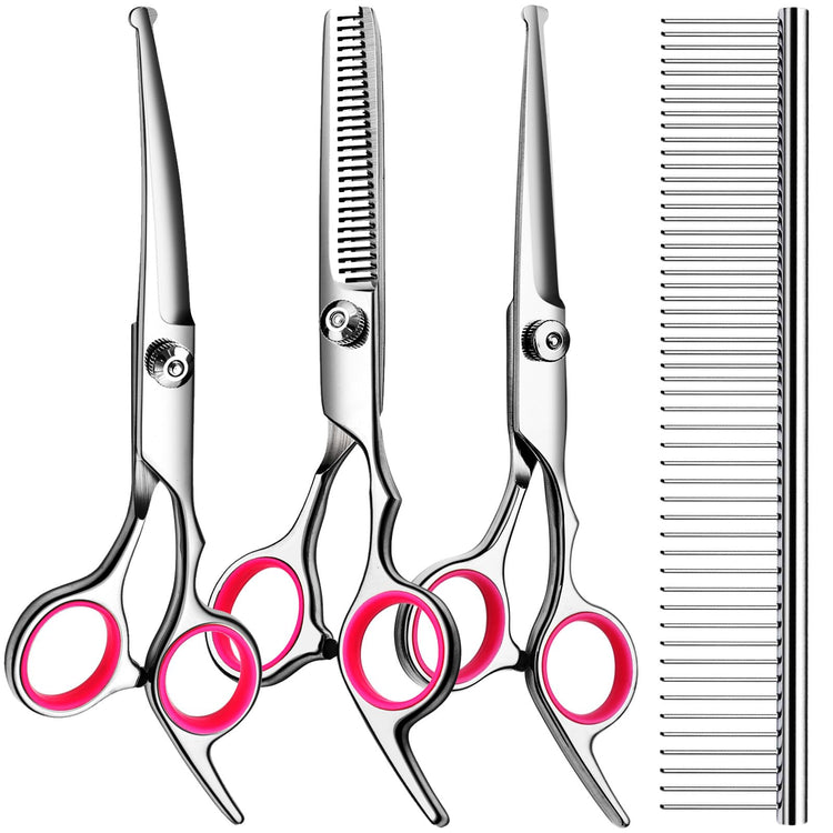 TINMARDA Dog Grooming Kit, Professional Stainless Steel Dog Grooming Scissors with Curved Shears, Pink Finger Rings - 5 Piece Sharp Durable Pet Shears for Dogs Cats At Home Salon-Quality Grooming
