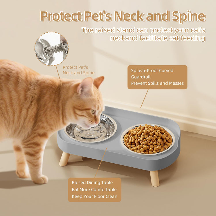 Elevated Cat Bowl, Raised Cat Food and Water Bowl Set for Indoor Cats, Splash Proof with 2 Stainless Steel Pet Food Bowls for Cats and Puppies, Whisker Fatigue and Dishwasher Safe - White