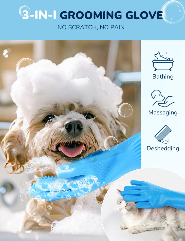 Pecute Pet Grooming Gloves - Heat Resistant Silicone Gloves with High-Density Teeth, Enhanced Five Finger Design for Bathing and Massaging Dogs and Cats, Blue