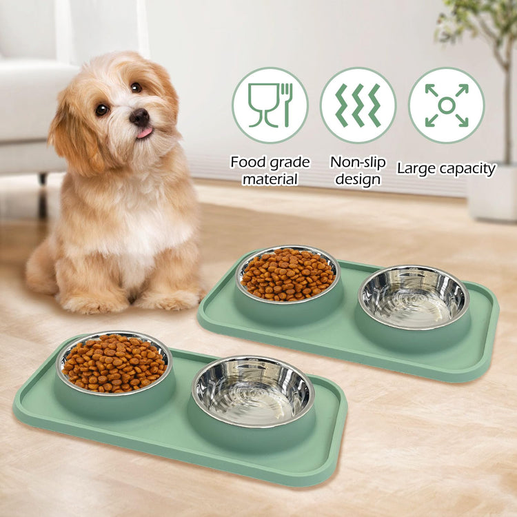 BNOSDM Double Dog Food Bowls Stainless Steel Dog Food and Water Bowls with Non-Spill Plastic Mat Pet Cat Feeder Bowl Set for Puppy Cats Kitten Small Medium Dogs Pink