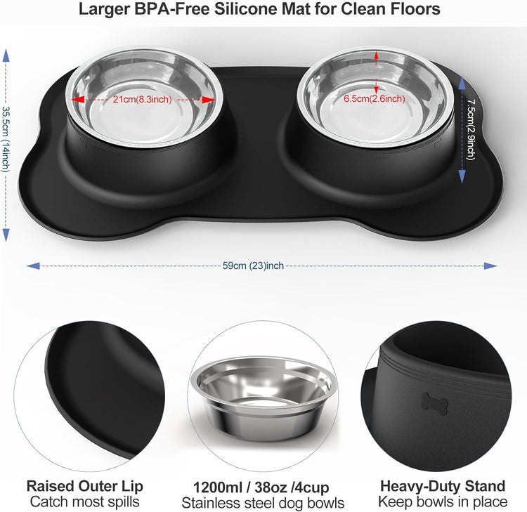 AsFrost Dog Food Bowls Stainless Steel Pet Bowls & Dog Water Bowls with No-Spill and Non-Skid, Feeder Bowls with Dog Bowl Mat for Dogs Cats and Pets-Pink, 24 0z in Total