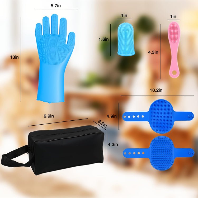 7PCS Pet Grooming Kit for Dogs and Cats，with Storage Bag & Includes Dog Washing Gloveswith High-Density Teeth, Adjustable Handle Dog Shampoo Brush, Dog Finger Toothbrush (Gray)