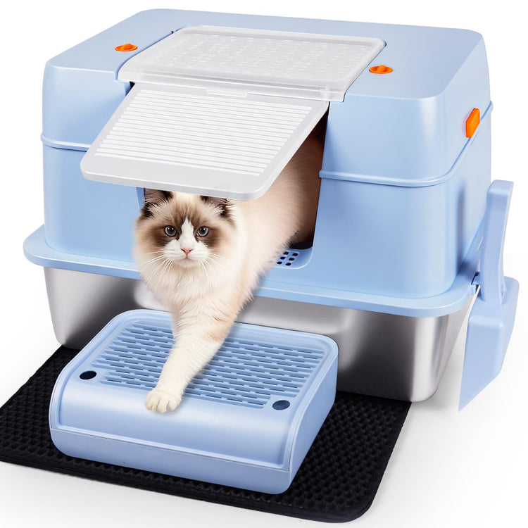 Vivifying Stainless Steel Litter Box, XL Side Entry Extra Large Litter Box with Lid for Big Cats & Kitty, Removable Enclosed Metal Cat Pan with High Sided Enclosure, Scoop (Black)