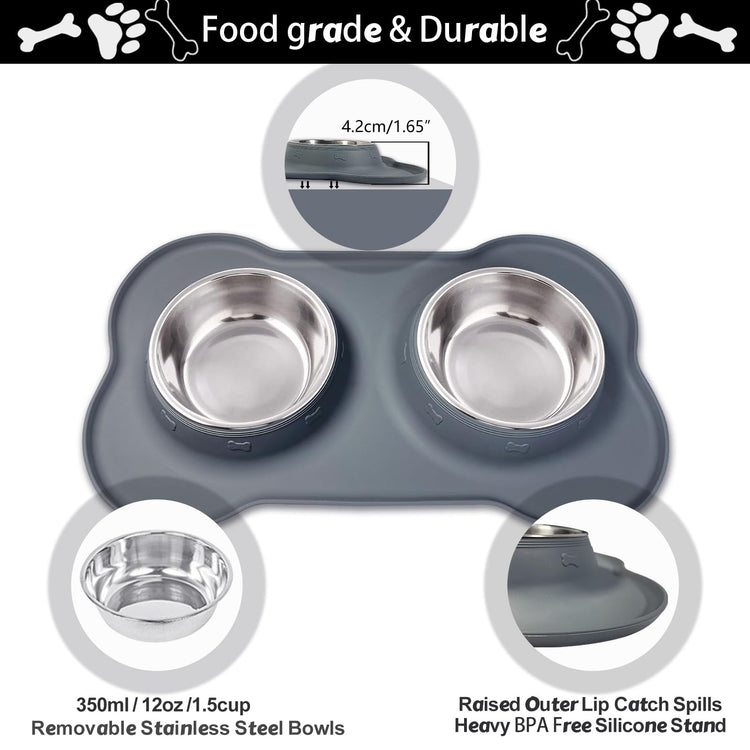 AsFrost Dog Food Bowls Stainless Steel Pet Bowls & Dog Water Bowls with No-Spill and Non-Skid, Feeder Bowls with Dog Bowl Mat for Dogs Cats and Pets-Pink, 24 0z in Total