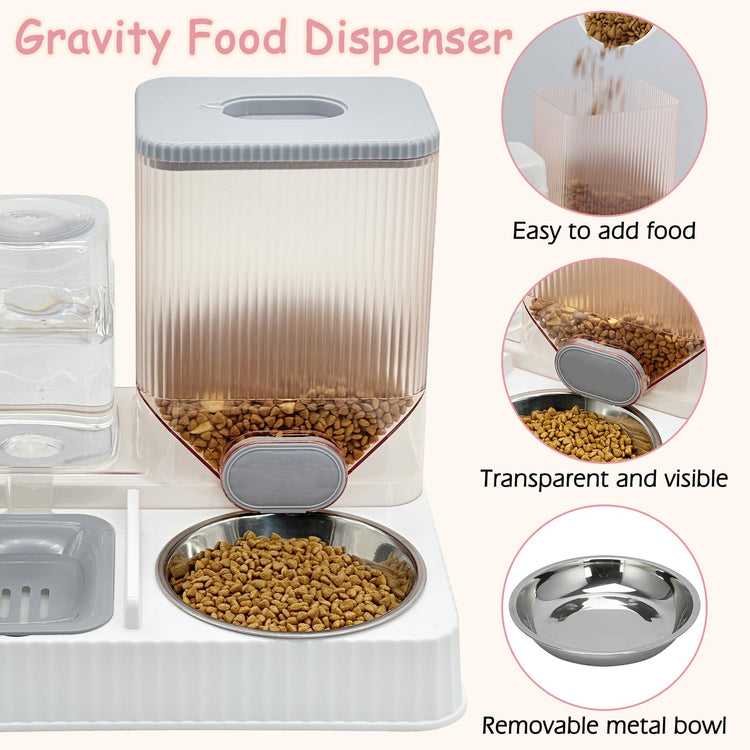 Fhiny Gravity Cat Feeder & Water Dispenser, 2 in 1 Automatic Puppy Waterer Removable Stainless Steel Food Bowls Set Self Feeding Pet Food Storage for Cat Kitten Puppy Easy Clean (White)