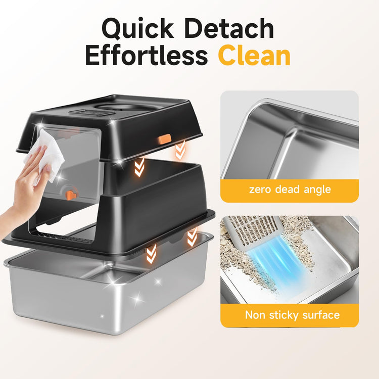 Extra Large Stainless Steel Litter Box with Lid, High Sided Enclosed Metal Cat Litter Pan, Dog Proof Front Entry Top Exit, Odor Control Easy Clean Leak Proof, Includes Scoop & Step, Black