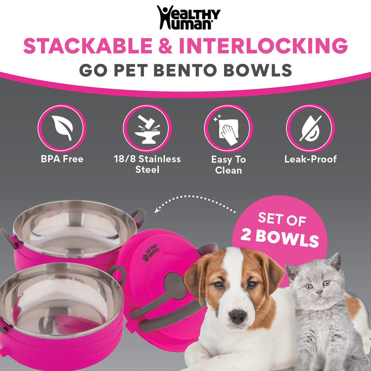 Healthy Human Travel Pet Bento Bowls - Human-Grade Stainless Steel & BPA-Free, Leak-Proof Water & Food Container Set for Dogs & Cats, 4-Pack Interlocking Bowls, Includes Spare Clips & Handle (Pink)
