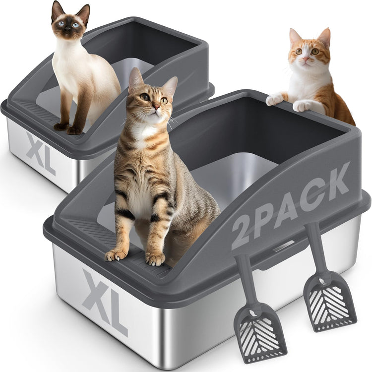 2 Pack Stainless Steel Litter Box for Kitty | Metal Kitty Litter Box with Lid High Sided for Small Cats or Injured Cats, Bunny Litter Boxes, Low Entry, Odor-Free, Non-Stick,Includes Scoop