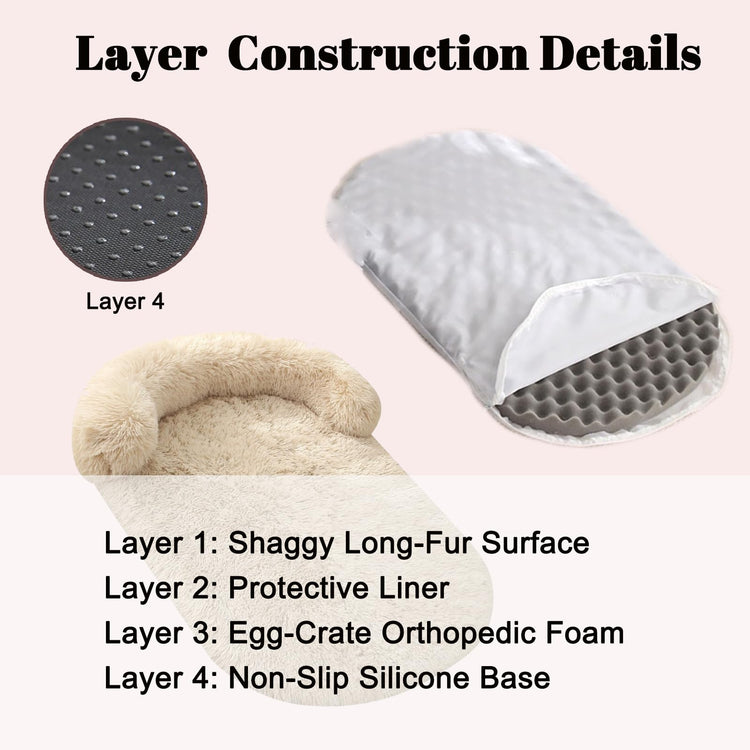 Orthopedic Dog Bed with Egg-Crate Base, Calming Dog & Cat Beds Long Plush with Raised Edges, Spine Friendly Pet Sleeping Mat for Small Medium Dogs, Machine Washable (Oval, Beige 26"x20")