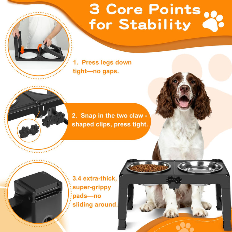 COMESOON Elevated Dog Bowls, 4 Height Adjustable Raised Bowl Stand with 2 Thick 50oz Stainless Steel Food Bowls Non-Slip Feeder Adjusts to 3.7'', 9.2'', 10.75'', 12.36'' Black, (DB-W01)