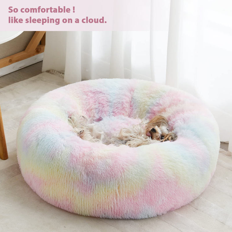 WNPETHOME Calming Dog Bed & Cat Bed, Anti-Anxiety Donut Small Dog Bed, Fluffy Faux Fur Cats Cushion Puppy Bed for Small Pets and Cats (24 x 24 inch, Light Coffee)