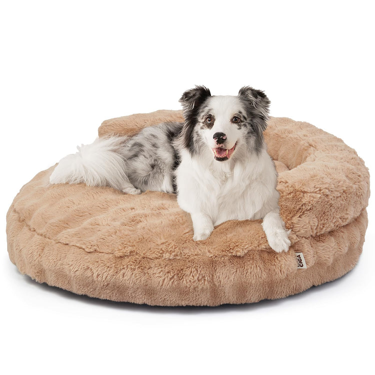 EHEYCIGA Soft Cat Couch Bed for Indoor Cats, Fluffy Small Dog Bed with Removable Washable Cover, Bolster Pet Sofa, Waterproof and Non-Slip, 23" x 23"x 7", Cream