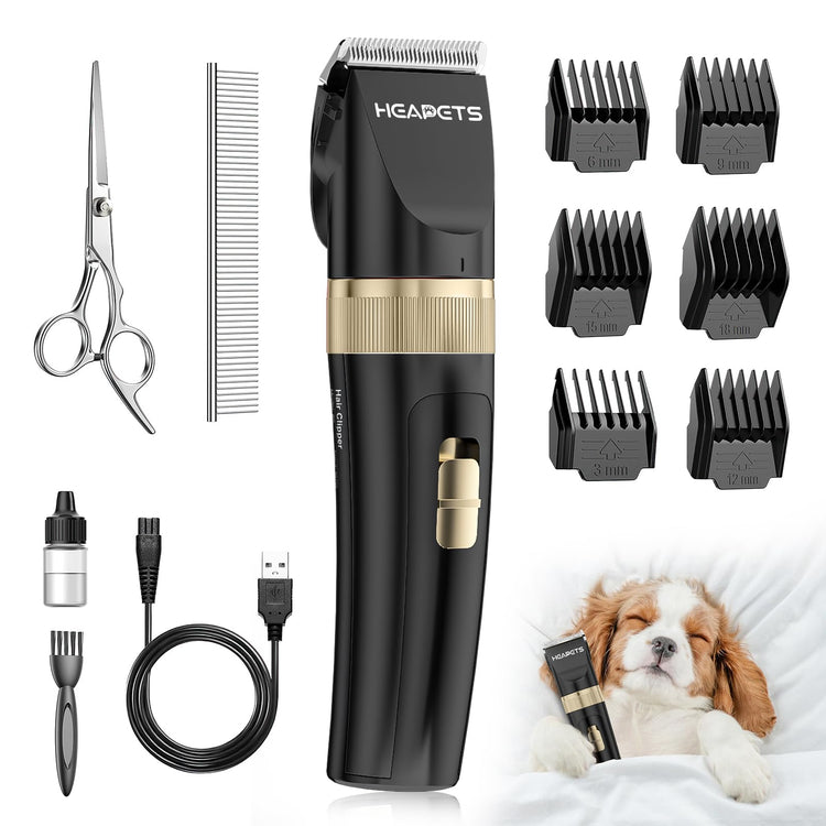 HEAPETS Dog Grooming Clippers, Low Noise, Electric Quiet, Adjustable Clipper Comb, Rechargeable Cordless Dog Hair Clippers for Dogs Cats Pets, Gold
