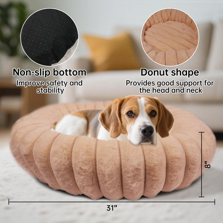 Donut Dog and Cat Bed, Luxurious Comfortable Faux Rabbit Fur Pet Beds, Round Anti-Anxiety Calming Puppy Kitten Bed with Anti-Slip Bottom for Small Medium Dogs & Cats(28", White)