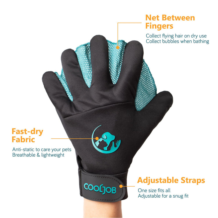 COOLJOB Patented Pet Grooming Gloves with Web, Reusable Washable Cleaning Brush Massage Hair Remover for Short Long Haired Dog Cat Horse Animal, Washing Bathing Shedding Supplies, Small, Blue Black