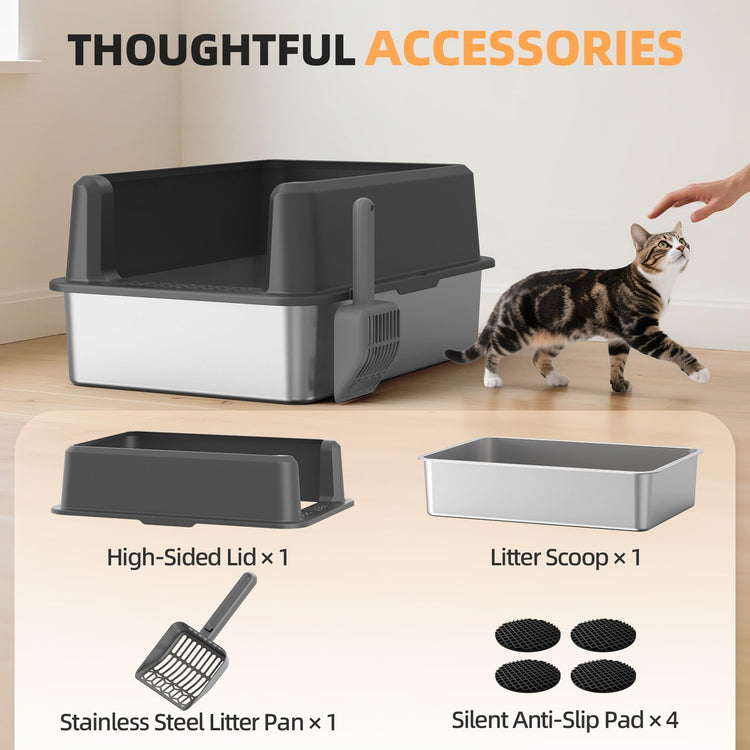 WoofiGo Enclosed Stainless Steel Cat Litter Box with Lid, XL Extra Large Litter Box for Big Cats, Metal Litter Pan High Sided, Never Absorbs Odors, Anti-Urine Leakage, Easy Cleaning, Include Scoop