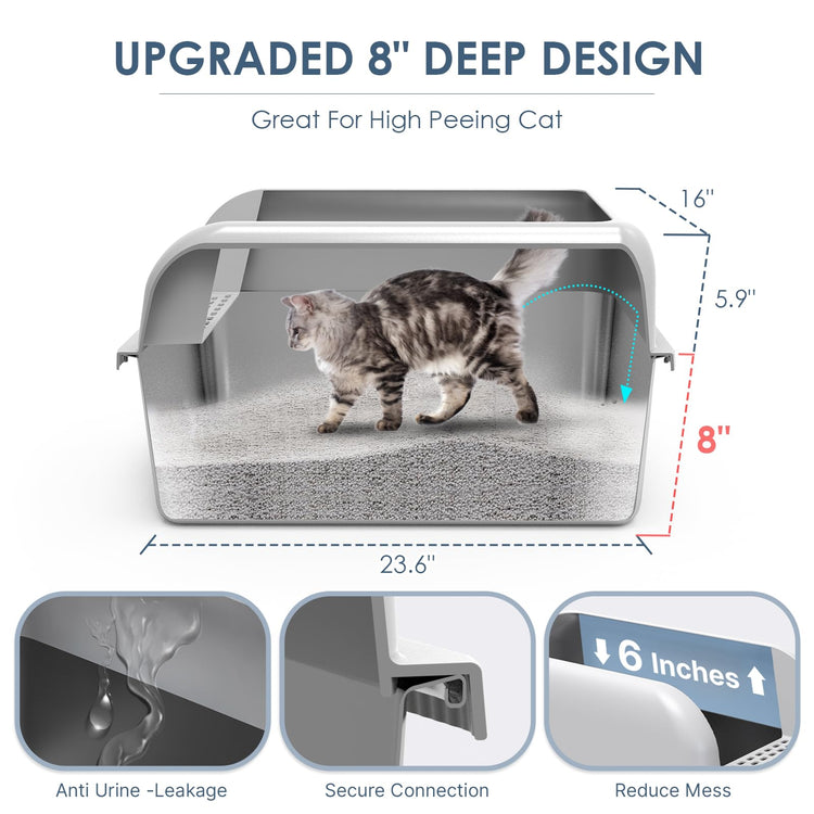 Extra Large Stainless Steel Litter Box with Lid, High Sides Enclosed Cat Litter Box for Big Cats & High Peeing, Anti-Leak & Odor Control Metal Litter Pan, Easy Clean Non-Stick Kitty Litter Box