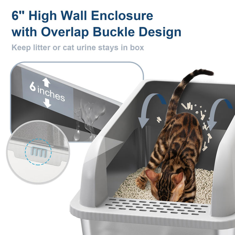 Extra Large Stainless Steel Litter Box with Lid, High Sides Enclosed Cat Litter Box for Big Cats & High Peeing, Anti-Leak & Odor Control Metal Litter Pan, Easy Clean Non-Stick Kitty Litter Box