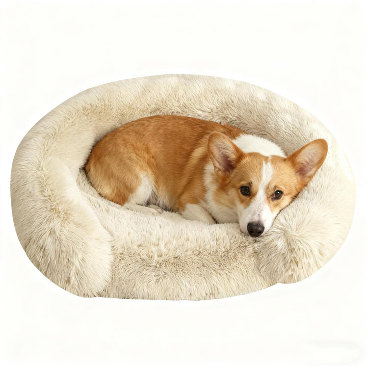 Orthopedic Dog Bed with Egg-Crate Base, Calming Dog & Cat Beds Long Plush with Raised Edges, Spine Friendly Pet Sleeping Mat for Small Medium Dogs, Machine Washable (Oval, Beige 26"x20")