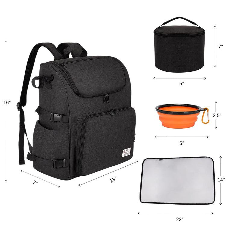 Modoker Dog Travel Bag Backpack, Airline Approved Pet Accessories Organizer for Dog and Cat with Shoulder Strap, 2 Dog Food Storage Containers, 2 Collapsible Dog Bowls,1 Pet Mat, Grey