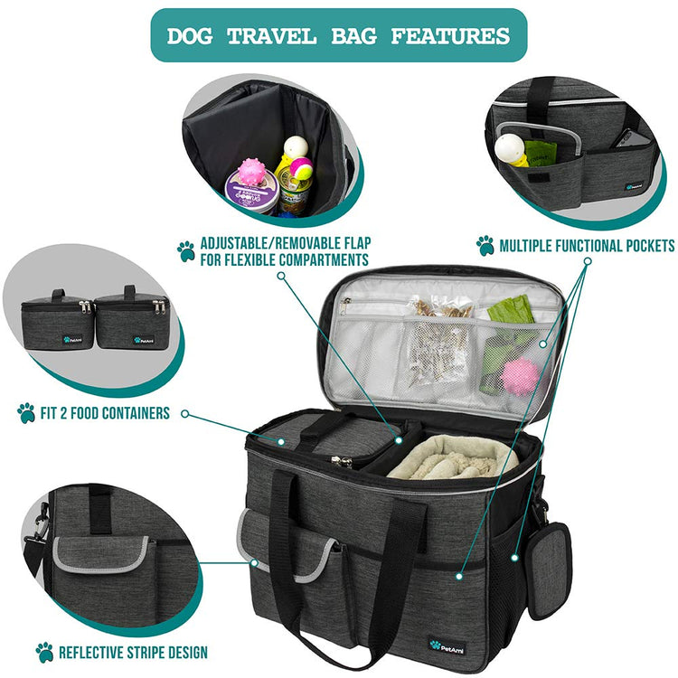 PetAmi Dog Travel Bag Organizer, Pet Travel Kit with 2 Food Containers & 2 Collapsible Dog Bowls, Pet Supplies Tote with Luggage Sleeve, Weekend Road Trip Camping Essentials, Dark Gray, Medium