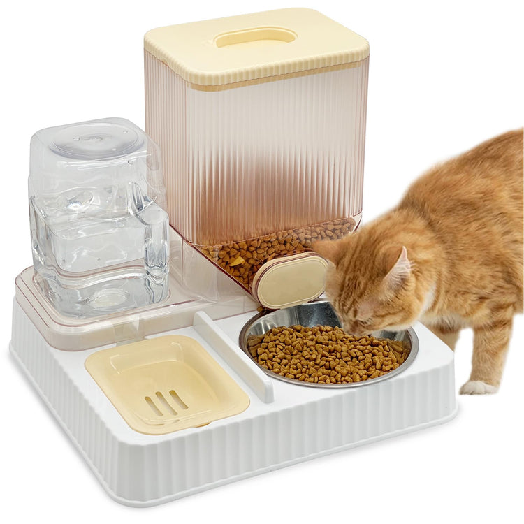 Fhiny Gravity Cat Feeder & Water Dispenser, 2 in 1 Automatic Puppy Waterer Removable Stainless Steel Food Bowls Set Self Feeding Pet Food Storage for Cat Kitten Puppy Easy Clean (White)