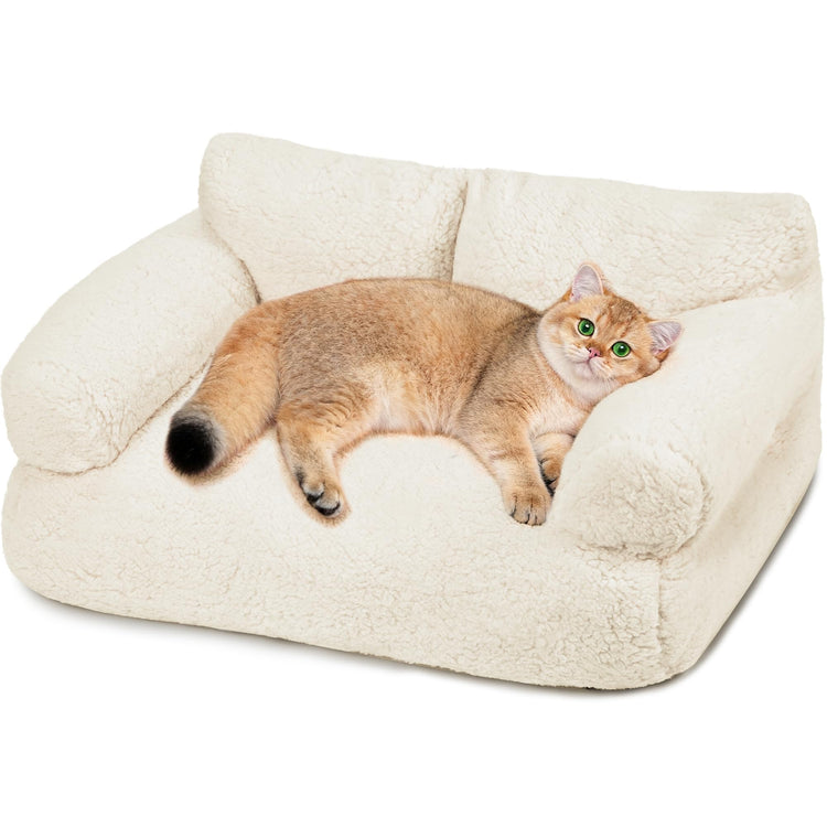 Large Cat Beds for Indoor Cats, Dog Couch Bed, Cute Cat Couch Sofas for Less 20lbs Kitten Puppy, Small Dog Sofas & Chairs with Removable Washable Cover, Soft Warm Pet Furniture, Cream