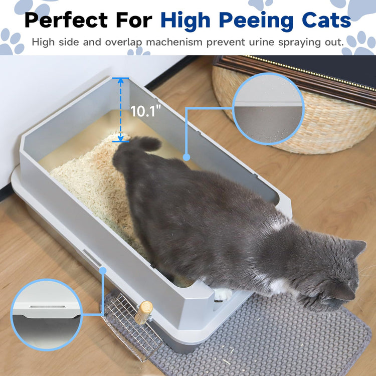 TENTIZON Stainless Steel Cat Litter Box with Lid, Large Covered Enclosed Kitty Litterbox with Hood, Flip Top, High Side, Litter Mat, Scoop for Big Cats, Kitten, No Odor, No Mess, Easy Clean, Grey