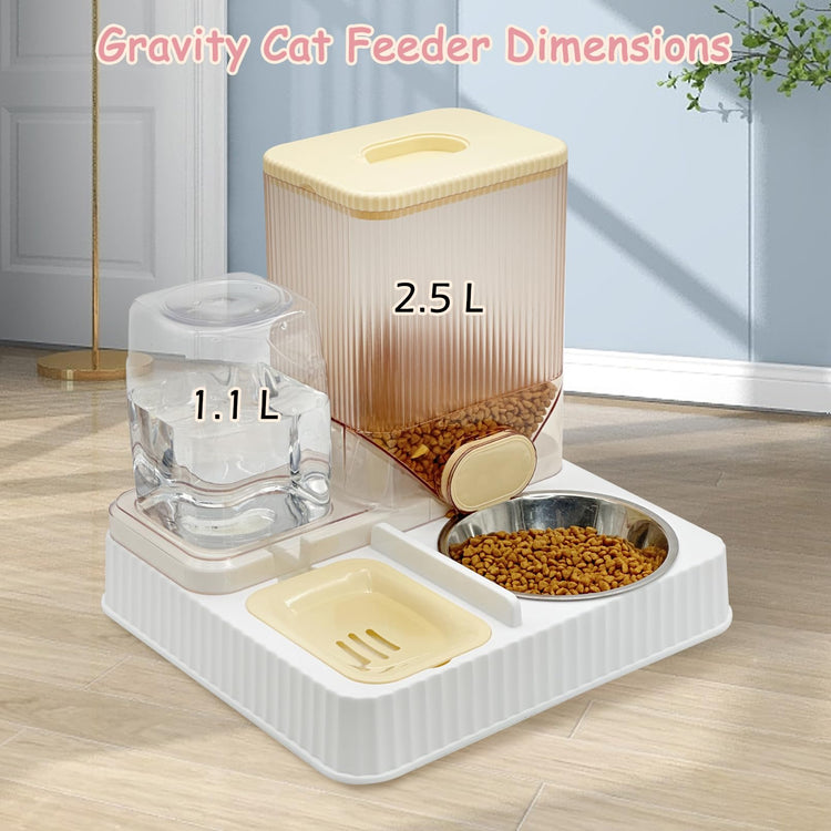 Fhiny Gravity Cat Feeder & Water Dispenser, 2 in 1 Automatic Puppy Waterer Removable Stainless Steel Food Bowls Set Self Feeding Pet Food Storage for Cat Kitten Puppy Easy Clean (White)