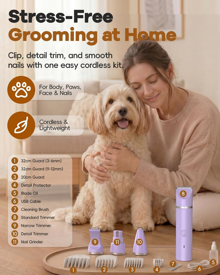 Veeconn Dog Clippers Grooming Kit Hair Clipper-Low Noise Paw Trimmer- Rechargeable - Cordless Quiet Nail Grinder Shaver for Cats and Other Pets