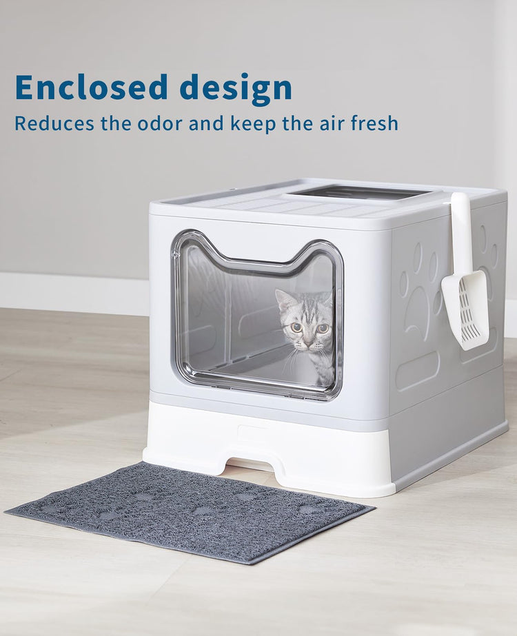 Medario Cat Litter Box with Litter Mat and Scoop, Large Covered Litter Box with Lid, Enclosed Kitty Box, Front Entry Top Exit, Odor Control, Easy to Clean (Grey)