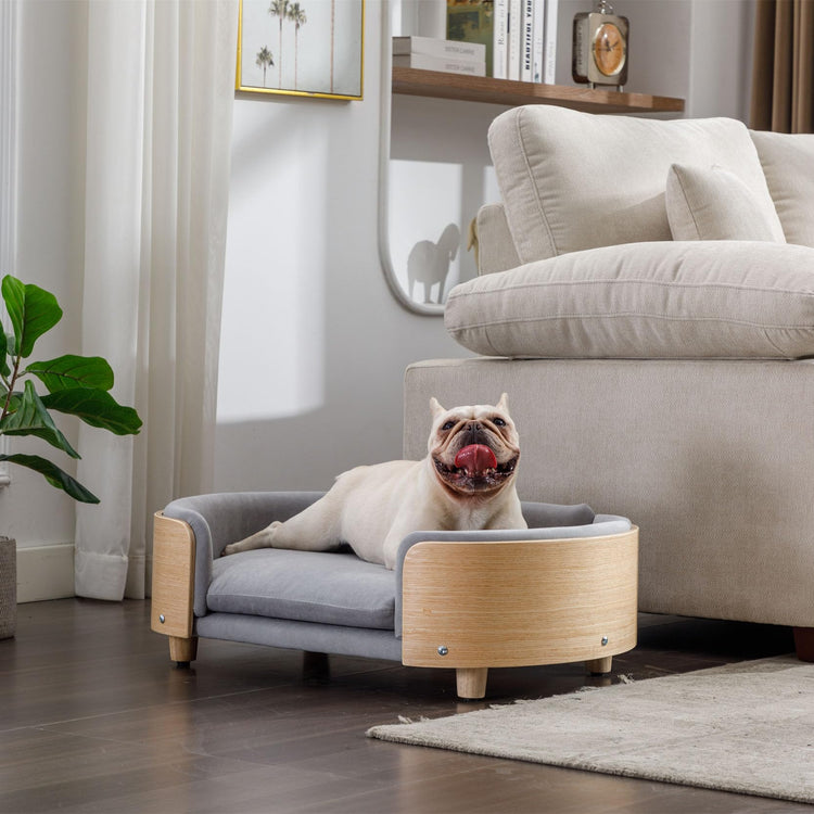 Elevated Dog Bed Pet Sofa with Solid Wood Legs and Bent Soft Backrest, Pet Cat Stool Bed with Velvet Cushion,for Small and Medium Size Dogs Kitten, Dark Gray, Small Size