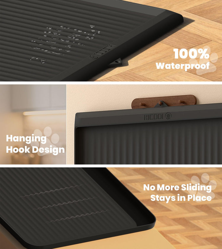 Dog Food Mat 36"x24", Waterproof Pet Feeding Mat with Diversion Grooves and Raised Edges, Large Non-Slip Dog Bowl Mat for Food and Water, Cat Food Mat for Floors, Easy to Clean, Grey