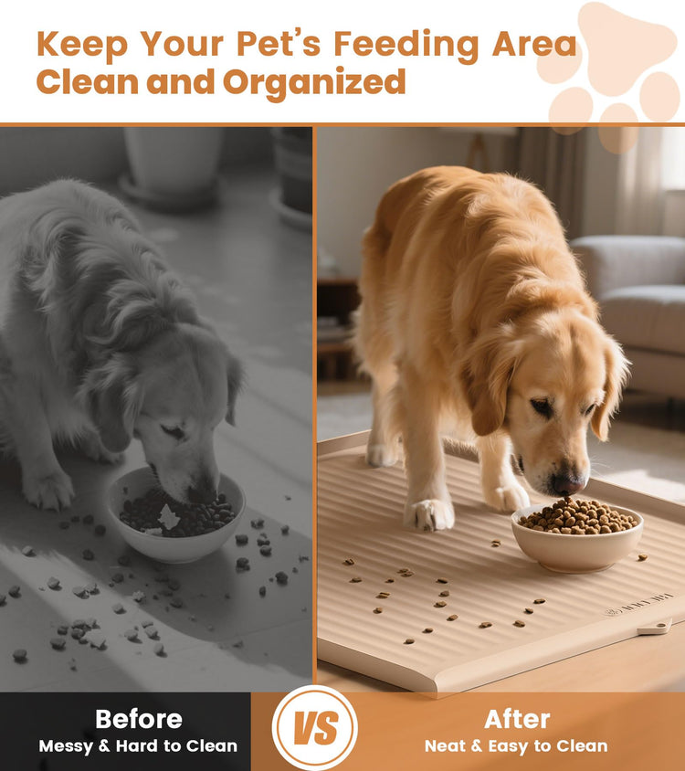 Dog Food Mat 36"x24", Waterproof Pet Feeding Mat with Diversion Grooves and Raised Edges, Large Non-Slip Dog Bowl Mat for Food and Water, Cat Food Mat for Floors, Easy to Clean, Grey