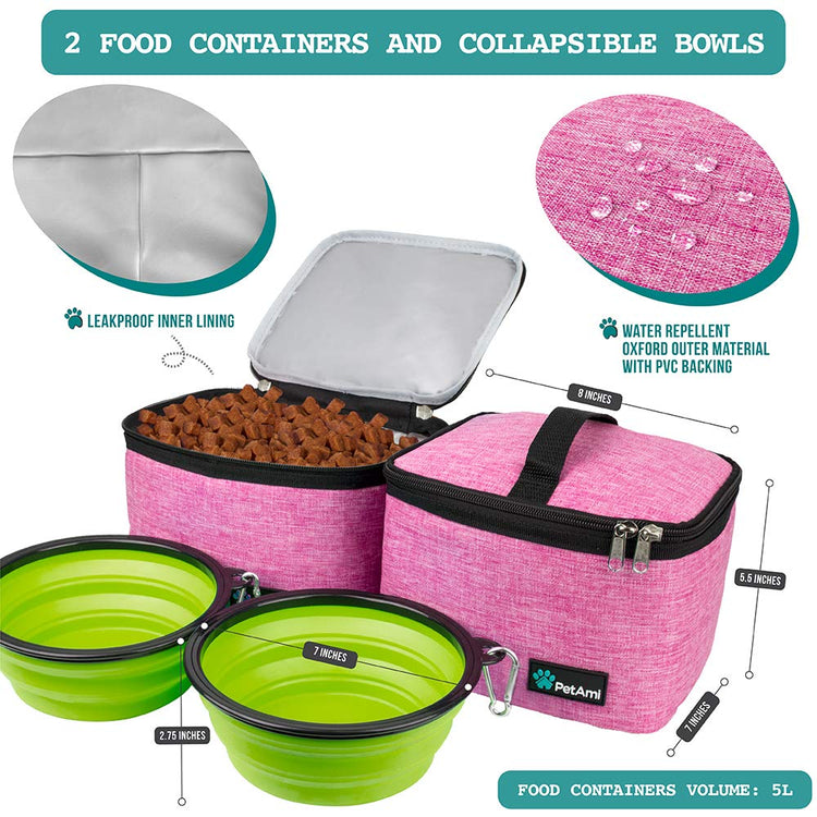 PetAmi Dog Travel Bag Organizer, Pet Travel Kit with 2 Food Containers & 2 Collapsible Dog Bowls, Pet Supplies Tote with Luggage Sleeve, Weekend Road Trip Camping Essentials, Dark Gray, Medium