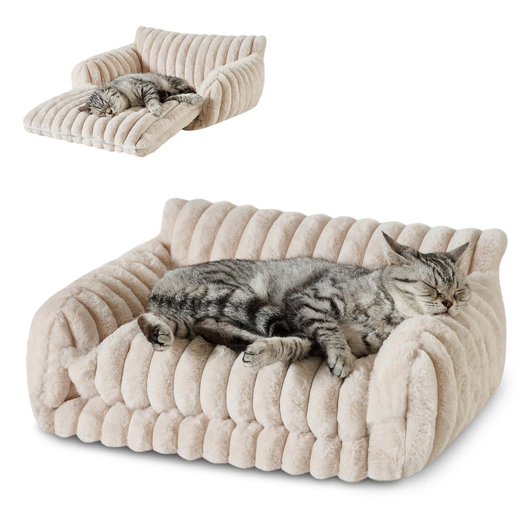 Hollypet Cat Bed Fluffy Plush Multifunctional Double-Layer Machine Washable Soft Warming Kitty Pet Couch Orthopedic Nest Beds for Small Cats Kitten and Dogs up to 13lbs, Khaki(25x20x13 inch)