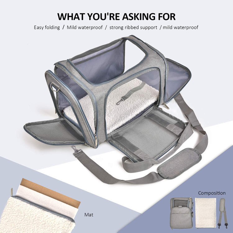 Henkelion Cat Carriers Dog Carrier Pet Carrier For Small / Medium Cats Dogs Puppies (Up To 15lbs), TSA Airline Approved Small Dog Carrier Soft Sided, Collapsible Waterproof Travel Puppy Carrier - Grey