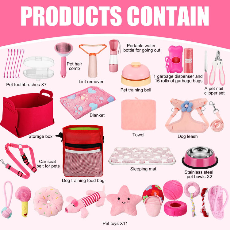 Abbylike 50 Pcs Puppy Supplies Starter Kit for Small Dogs Puppy Essentials Includes Leash, Bowls, Teeth Brushes, Water Bottle, and More Accessories for Dogs Pet Day Welcome Gift(Purple)