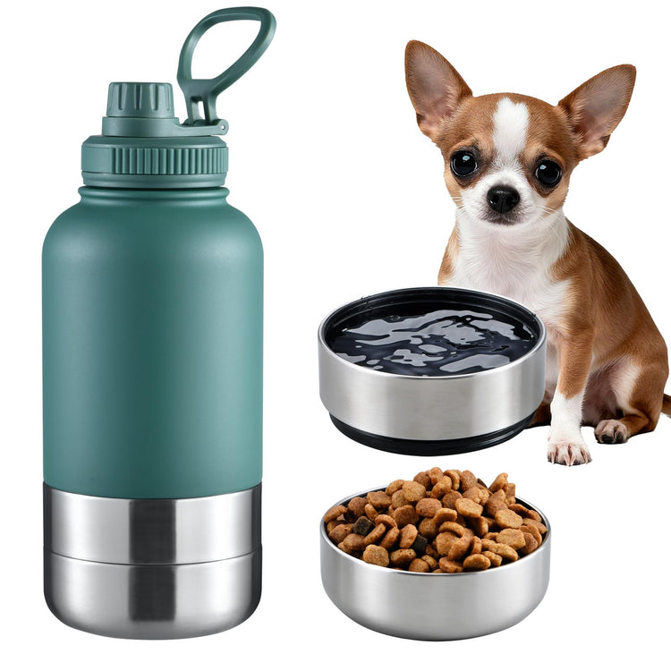 Cibaabo Insulated Dog Water Bottle with 2 Bowls, 32oz Travel Stainless Steel Double Wall Thermos, Portable Pet Dispenser, Gifts for Puppy Small Medium Dogs Walking Hiking and Camping
