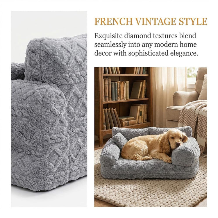 Plush Calming Pet Sofa Bed, 6 Sizes Large Fluffy Dog Cat Couch Beds Plush for Indoor, Raised Rim, Removable Cover & Non-Slip Bottom for Cats and Dogs of Any Size (Dark Grey, Small)