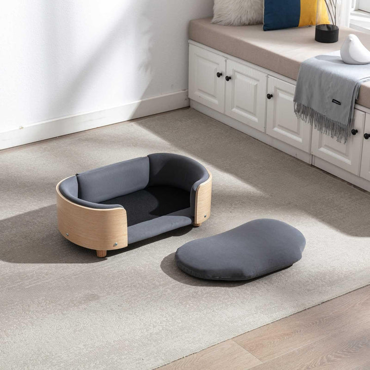 Velvet Dog Bed Pet Sofa with Solid Wood Legs and Bent Wood Back, Stain-Resistant Cushion in Multiple Colors - Luxury Pet Furniture for Cats and Dogs, Dark Grey