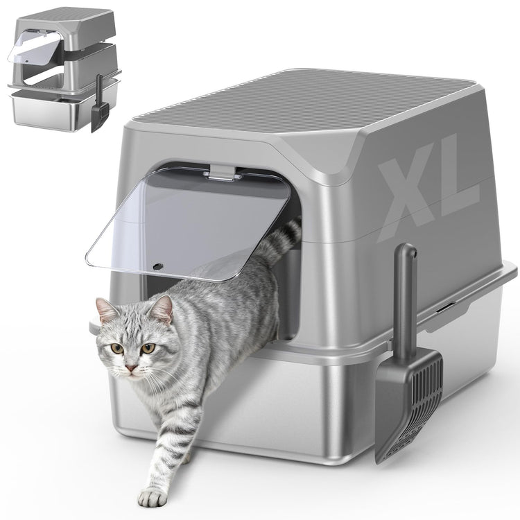 WoofiGo Enclosed Stainless Steel Cat Litter Box with Lid, XL Extra Large Litter Box for Big Cats, Metal Litter Pan High Sided, Never Absorbs Odors, Anti-Urine Leakage, Easy Cleaning, Include Scoop