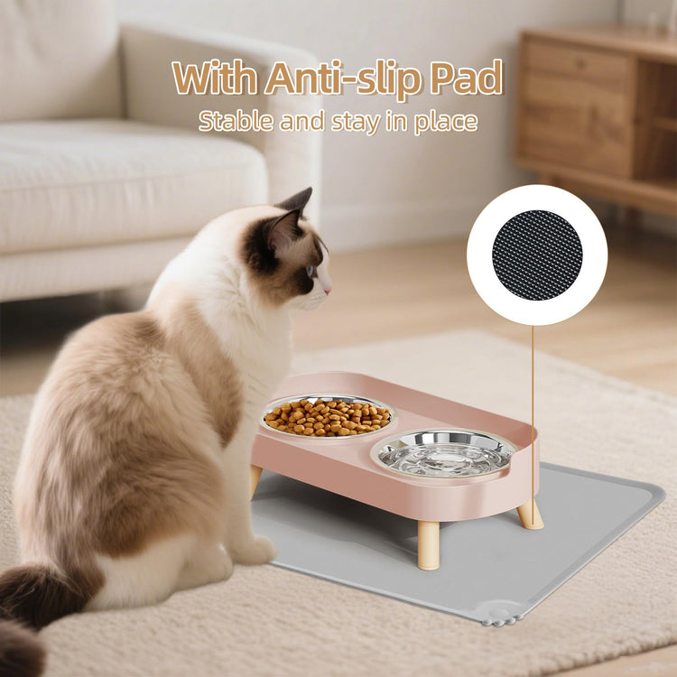 Elevated Cat Bowl, Raised Cat Food and Water Bowl Set for Indoor Cats, Splash Proof with 2 Stainless Steel Pet Food Bowls for Cats and Puppies, Whisker Fatigue and Dishwasher Safe - White